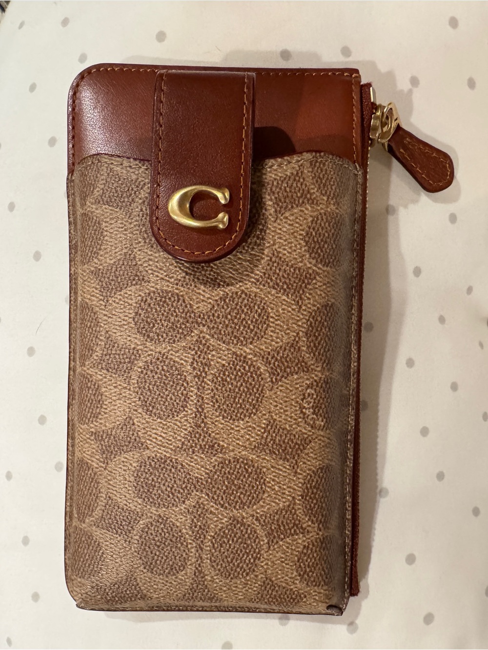Coach Brown Logo Canvas & Leather Phone Wallet Case with Gold C Accent